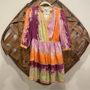 Current Air Colorful Floral Satiny Tiered Skirt Dress Size Small